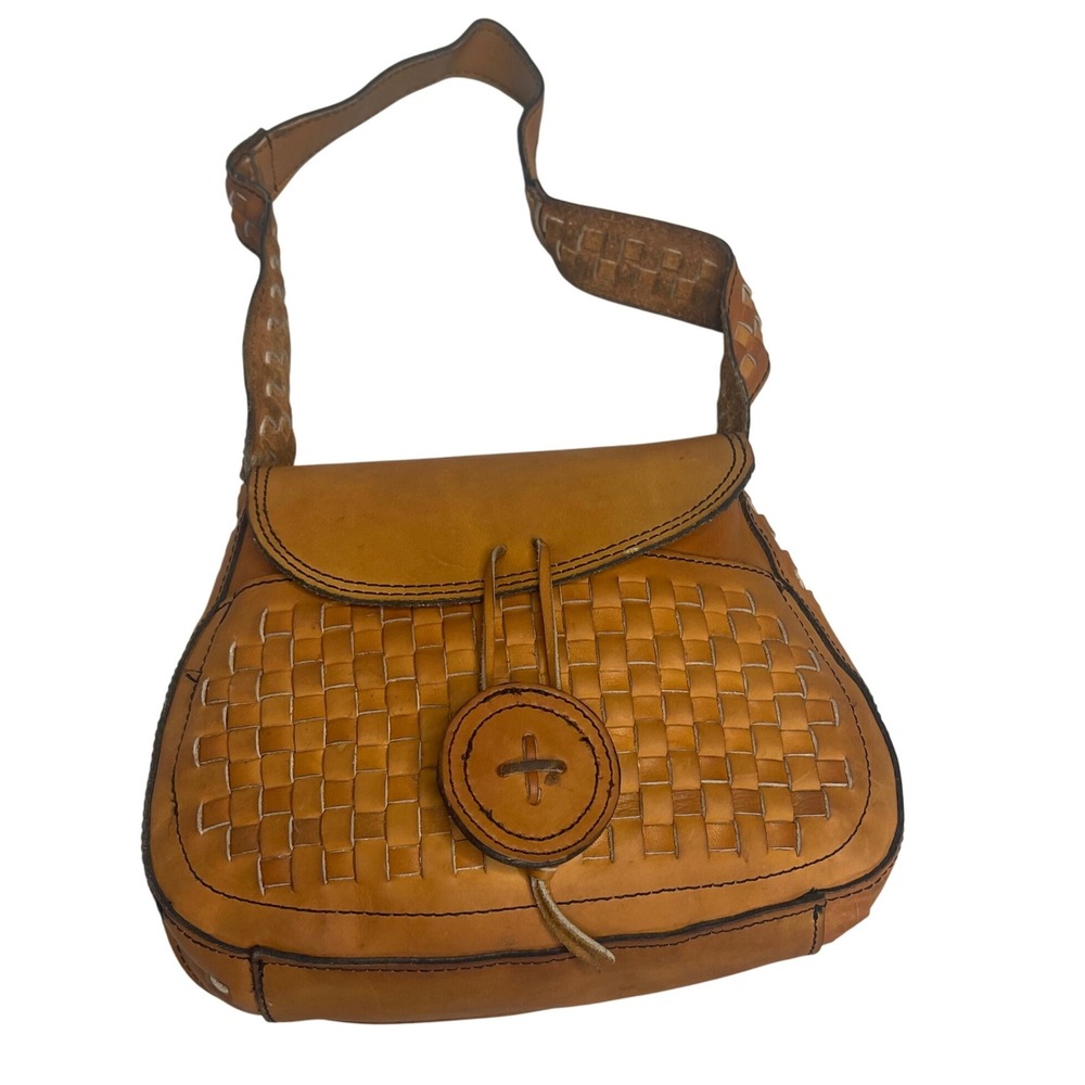VTG Made in‎ Korea Tan Leather Woven Crossbody Saddle Bag Boho Artisan Purse